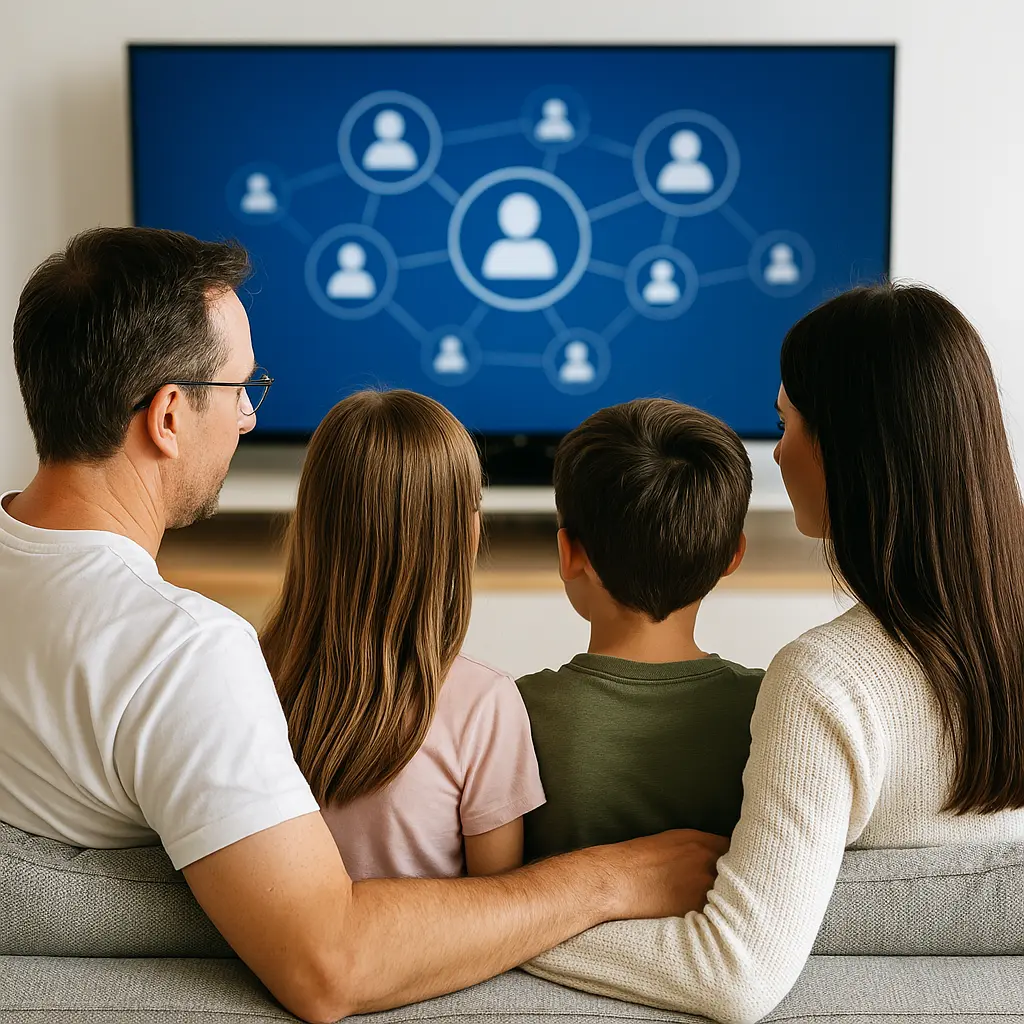 Illustration of a modern family reading together, representing the audience for the book Life in the Digital Bubble