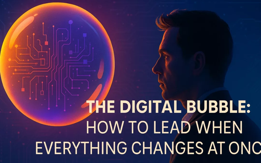 A leader standing at the centre of interconnected digital bubbles or nodes, symbolising leading through rapid, overlapping technological change.