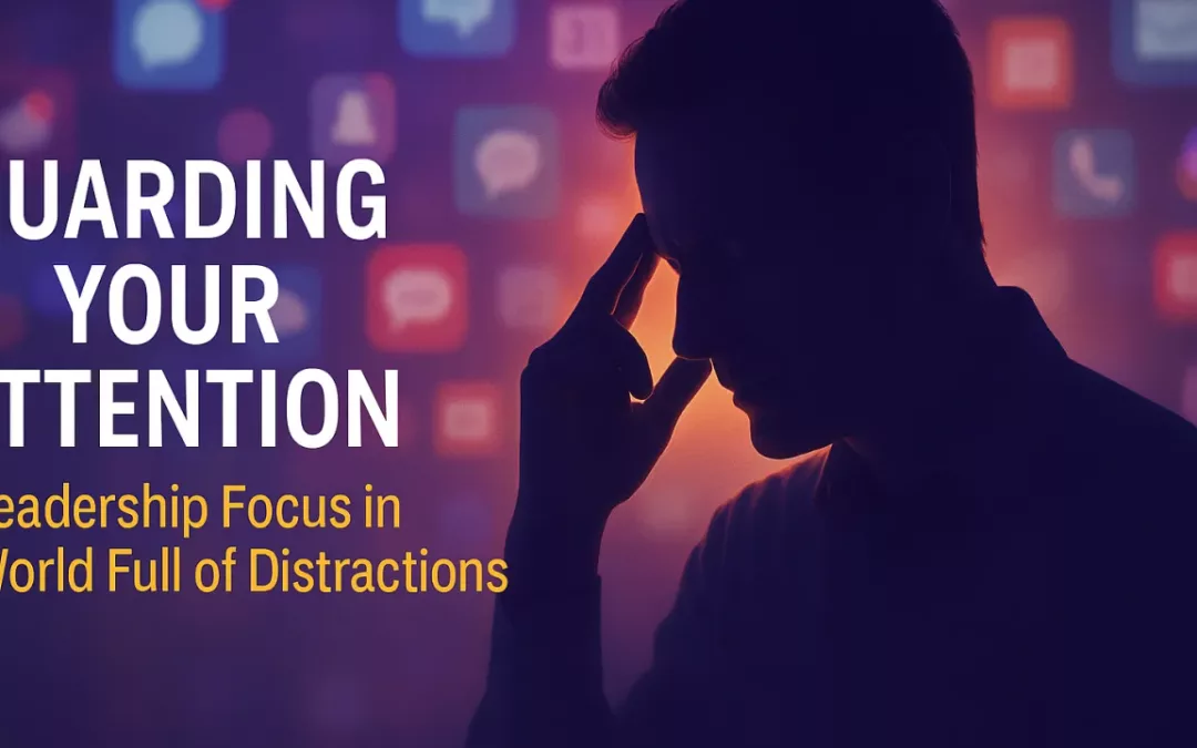 A leader standing in front of a blurred wall of screens and notifications, symbolising the challenge of staying focused in a digitally distracting world.