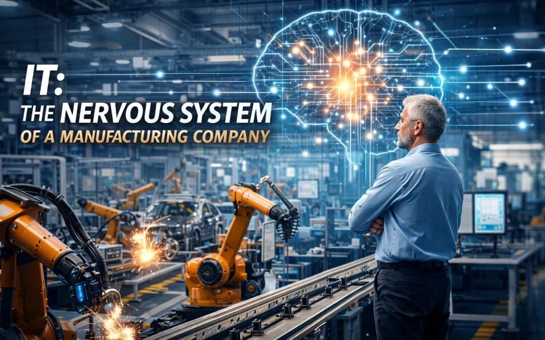 IT as the nervous system of a manufacturing plant, with a manager overseeing robotic arms in an automotive factory and a glowing digital brain overlay in the background.