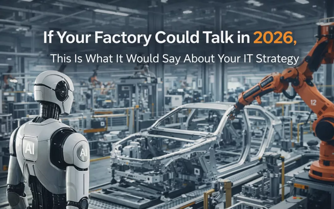 Digital banner showing a humanoid robot marked “AI” observing an automotive assembly line with robotic arms working on a car frame, illustrating a smart factory in 2026 and the role of IT strategy.
