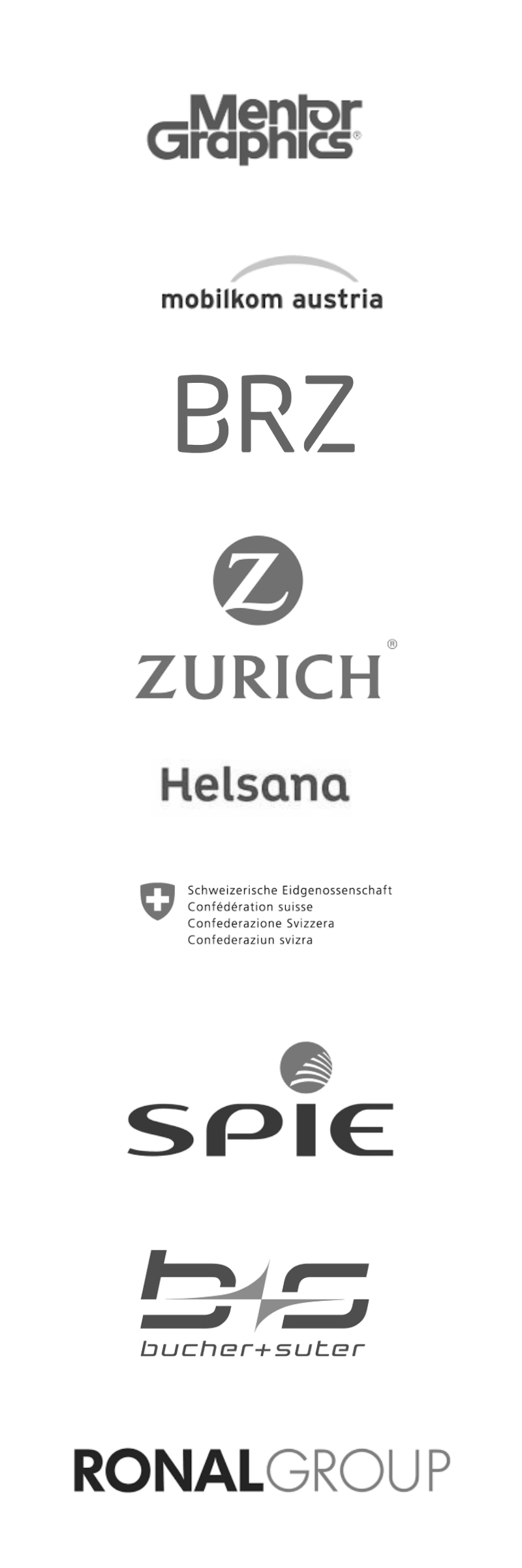 The logos of companies that Tamer Badawy has worked with include Mentor Graphics, Mobilkom Austria, Zurich Insurance, Helsana, SPIE, and Bucher + Suter. Ronal Group is Tamer Badawy's current employer.